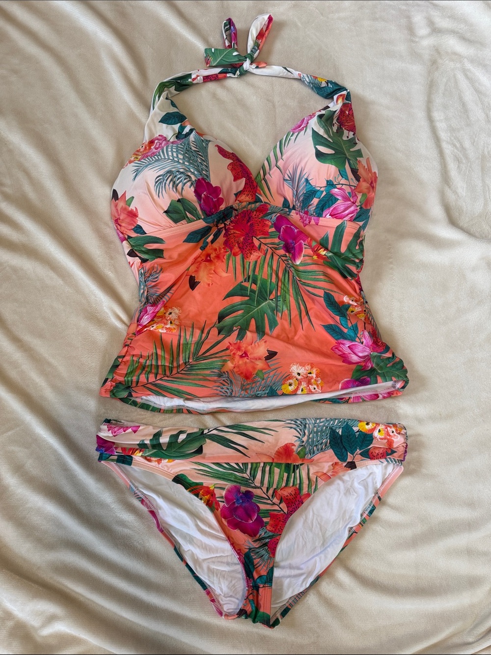 La Blanca Coral and Green Tropical Tankini Set